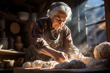 In a rustic stone quarry, an elderly Turkish villager woman, her face a landscape of lived experiences, engages in the heartfelt tradition of bread-making - Generative AI - obrazy, fototapety, plakaty
