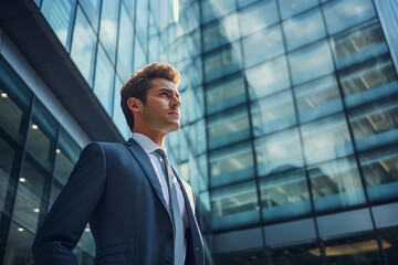 Low angle. businessman wearing blue blazer standing near office building - Generative AI