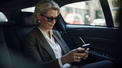 Fototapeta na wymiar Mature businesswoman reading text message on her cell phone while traveling in a cab - Generative AI