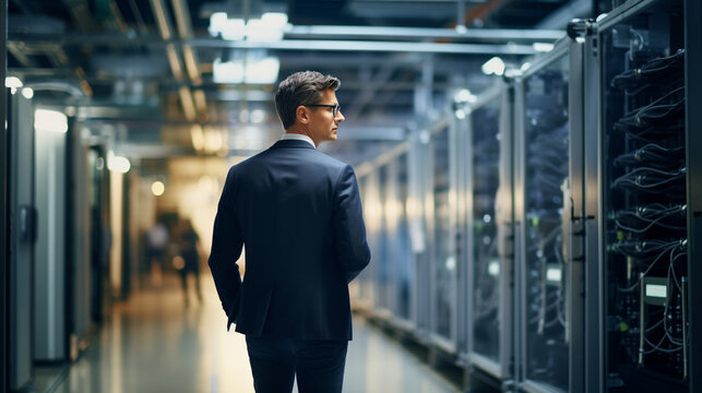 Mature businessman looking around data center. - Generative AI
