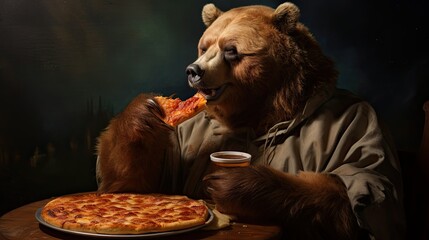Poster of a bear eating a pizza