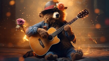 Poster of a bear playing guitar and wearing a hat