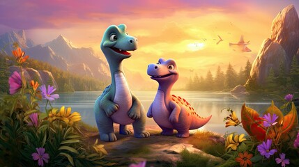 Poster of cute dinosaurs in nature