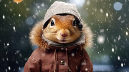 Poster of cute squirrel wearing a jacket in the snowfa