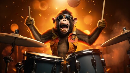 Poster of monkey playing drums - obrazy, fototapety, plakaty