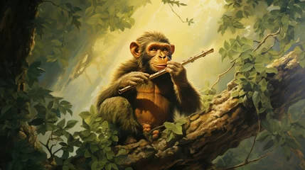 Gordijnen Poster of monkey playing flute on tree © lara