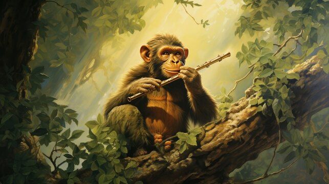 Poster of monkey playing flute on tree