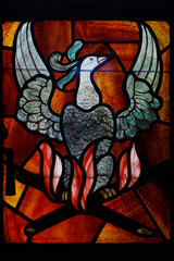 Orval trappist abbey, Belgium. Stained glass. Phoenix
