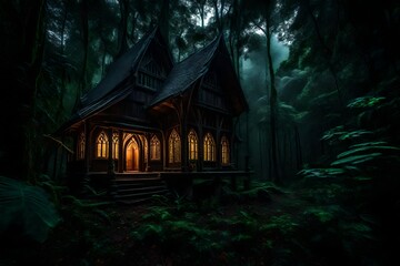 A gothic style cabin in a haunted rainforest illuminated with the mysterious glow of moonlight