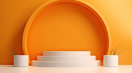 Realistic white orange 3d cylindrical podium pedestal