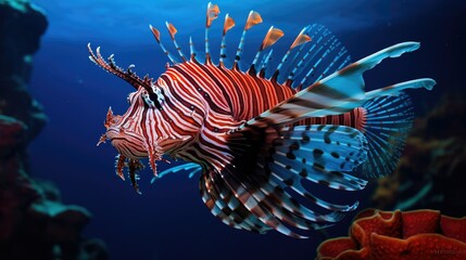 Naklejka na ściany i meble Red lionfish in water with blue background and spread