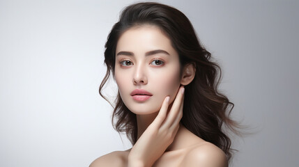 Fototapeta premium Beautiful asia model with clean fresh skin hand touch her face - Generative AI