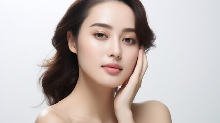 Beautiful asia model with clean fresh skin hand touch her face - Generative AI - obrazy, fototapety, plakaty