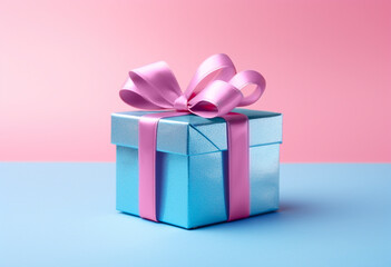 pastel blue gift box adorned with  an adorable pink ribbon bow, all set on a pastel pink backdrop