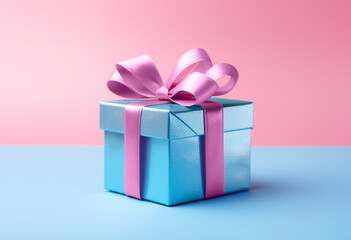 Obraz premium pastel blue gift box adorned with an adorable pink ribbon bow, all set on a pastel pink backdrop