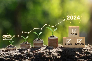 Fotobehang Seedlings are growing on the Coins stack compared to the year 2023-2024 and cubes with text plan, goal, and action. Concept of business growth, profit, and development to succeed in the year 2024. © Pcess609