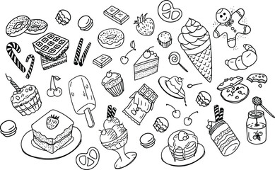 Dessert doodle set, hand drawn sweet food stroke icons