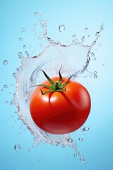 Fresh red tomato with splash fly in the air on blue pastel background.