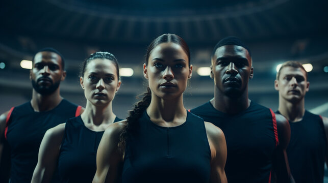 Close Up, Group Of Five Well Trained Male And Female Athletes In The Olympic Stadium, Night - Generative AI