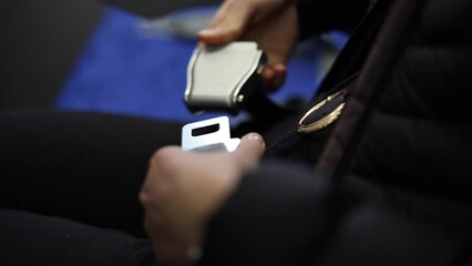 Airplane safety. 4K video with the hands of a woman while putting on and removing the seatbelt. Aviation rules.