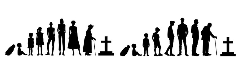 Vector illustration. Silhouette of growing up man from baby to old age. Many people of different ages in a row.