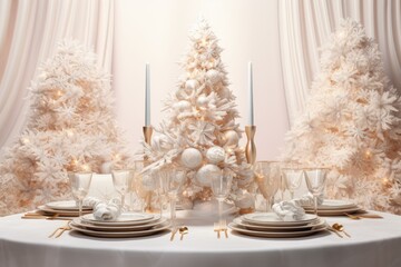 Obraz na płótnie Canvas Festive christmas table setting for party. Light pastel color. christmas tree