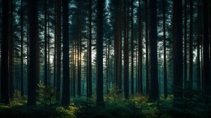 A dense forest with tall, straight trees standing closely together. - Generative AI