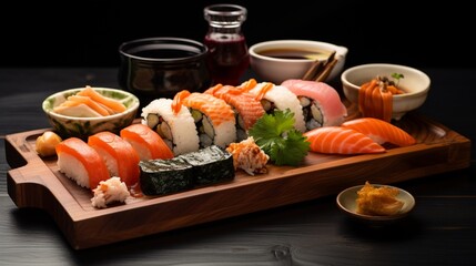 an image of a sushi platter with soy sauce, wasabi, and pickled ginger
