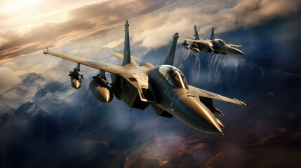Two military jet fighter planes at high altitude - obrazy, fototapety, plakaty