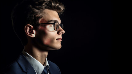 A side profile photo of a young man in a suit with glasses. Dark background. - Generative AI
