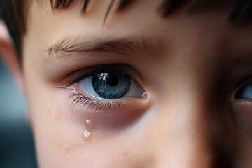 Close-up image of a young toddler boy child crying face with eye and tears