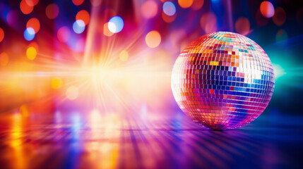 Disco ball sphere with colorful disco lights for party nights , wallpaper background with copy space - obrazy, fototapety, plakaty