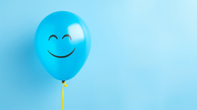 Blue smiling face balloon isolated on blue background with copy space , boy kid birthday card backdrop or blue monday concept image