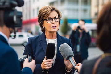 Caucasian politician woman respond to an interview live with microphones on a press conference outside on the city street - obrazy, fototapety, plakaty
