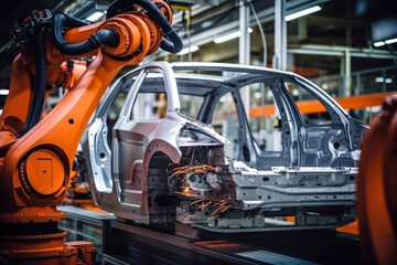 Automobile production line. Welding car body. Modern car assembly plant. Auto industry. Interior of a high-tech factory, modern production.