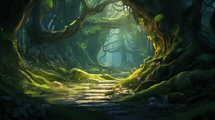 An enchanting elven forest shrouded in mystic fog fairy Style - obrazy, fototapety, plakaty