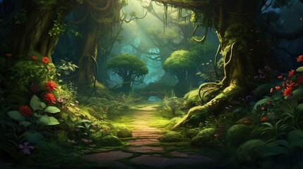Fototapeta na wymiar An enchanting elven forest shrouded in mystic fog fairy Style