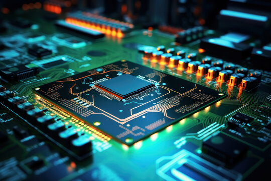 Motherboard with electronic components. Powerful processor. Development of computer technologies. Modern electronics production.
