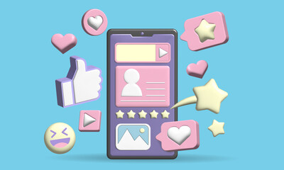 3D Mobile phone, social, profile popular like button, smile video icon and pop up, 3D illustration.
