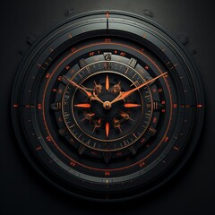 A close up of a clock with a red & blackface on a black background