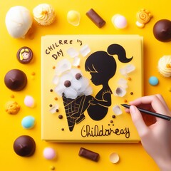 children's day dry ice cream colored chocolates yellow background