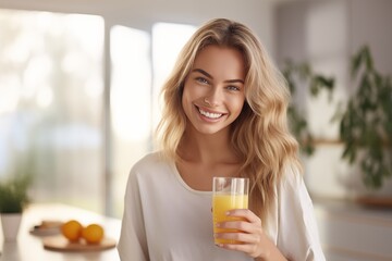 Happy woman holding orange juice in her hand. Morning drink. vitamin C health. diet. - obrazy, fototapety, plakaty