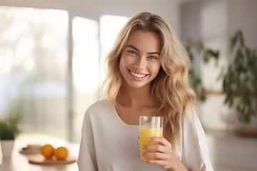 Plexiglas foto achterwand Happy woman holding orange juice in her hand. Morning drink. vitamin C health. diet. © robertuzhbt89