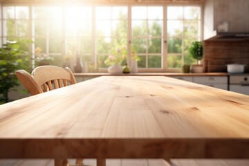 wooden table in the rays of the sun in a bright kitchen.