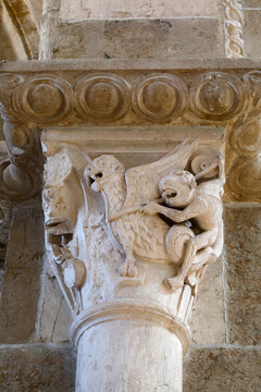 Saint Mary Magdalene basilica, Vezelay, France. Capital depicting demons fighting