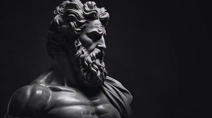 A statue or sculpture of a muscular man. Close-up of the upper body. Black background. Black and white tone. - Generative AI