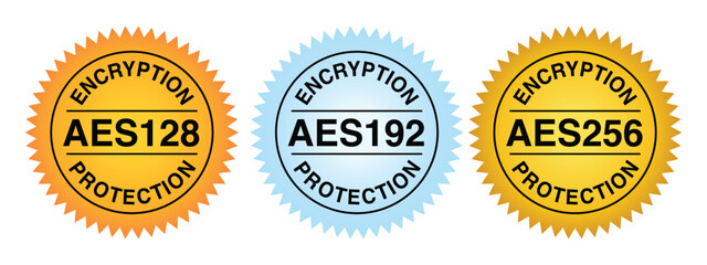 AES128, AES192 and 256 Encryption Protection Badge and Icon, Advanced Encryption Standard. Data encryption and Network Security Connection. Vector.