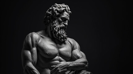 A statue or sculpture of a muscular man. Close-up of the upper body. Black background. Black and white tone. - Generative AI - obrazy, fototapety, plakaty