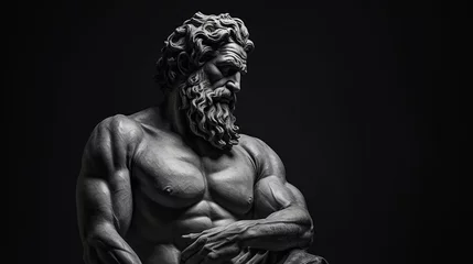 Foto op Canvas A statue or sculpture of a muscular man. Close-up of the upper body. Black background. Black and white tone. - Generative AI © seogi