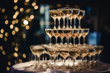 Fotobehang festive champagne tower at a wedding or New Year celebration with golden bokeh background © World of AI